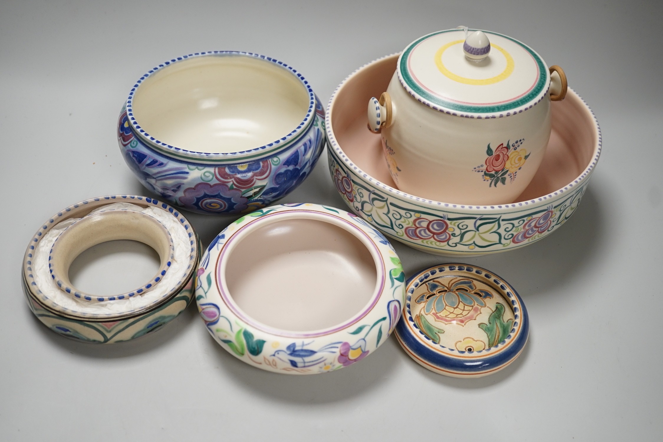 Five items of 1930's/40's Poole pottery, two Delphis plates and a boxed yellow poppy plate